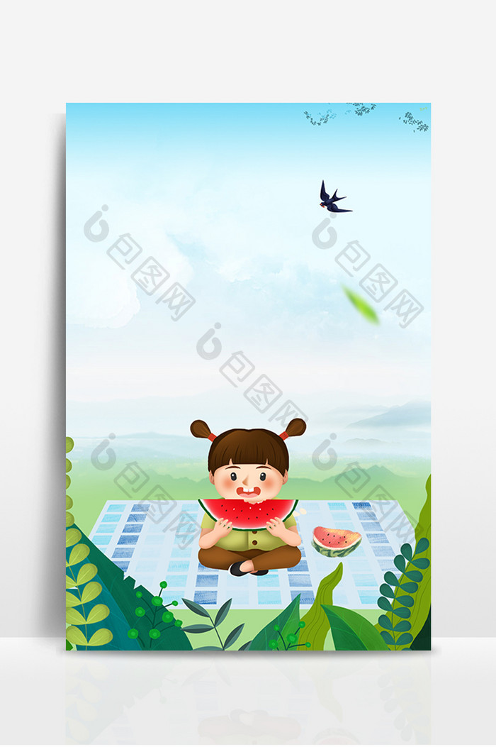 夏日野外吃瓜的小女孩广告设计背景图