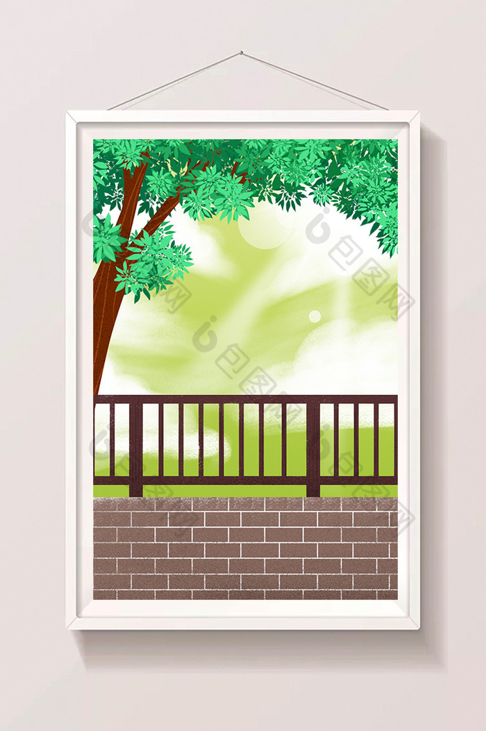 卡通手绘护栏大树风景