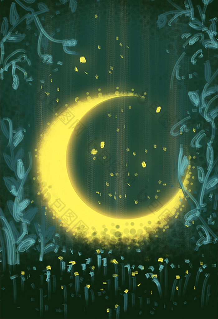 绿色夏日月亮背景草丛手绘插画背景素材