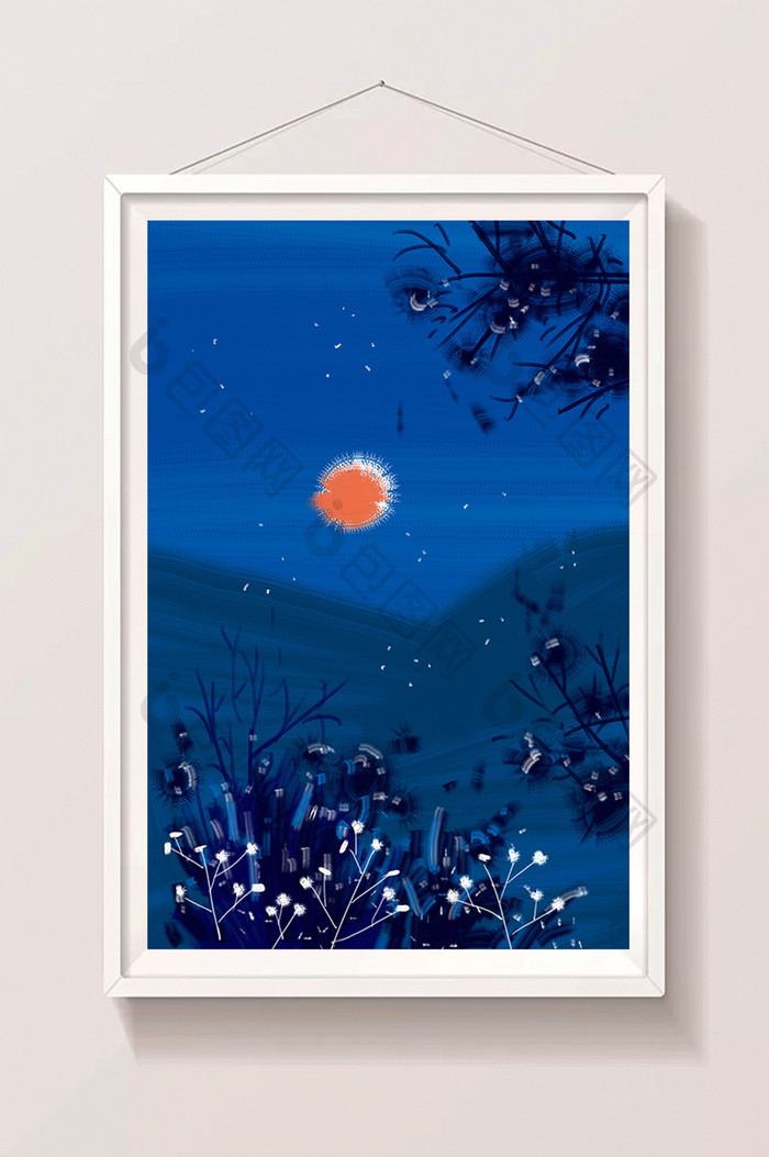 夏日夜晚蓝色山水草丛背景手绘插画素材