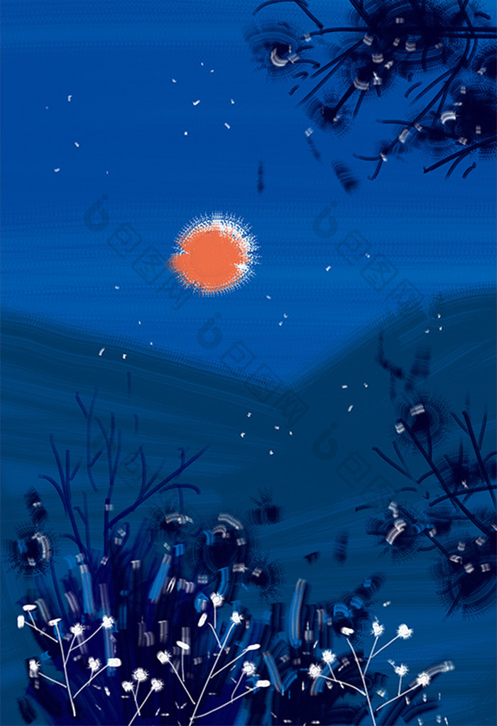 夏日夜晚蓝色山水草丛背景手绘插画素材