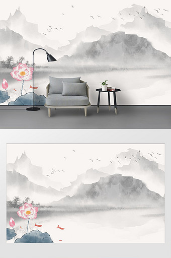 新中式山水家和万事兴荷花背景墙定制图片