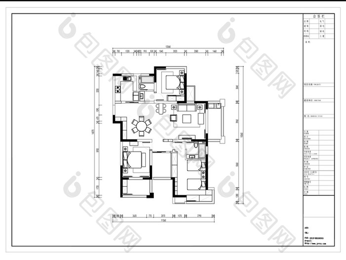 三室两厅户型CAD高层平面方案