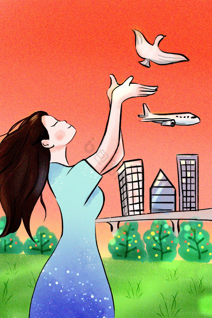 中国梦放飞梦想女神科技发展国旗插画