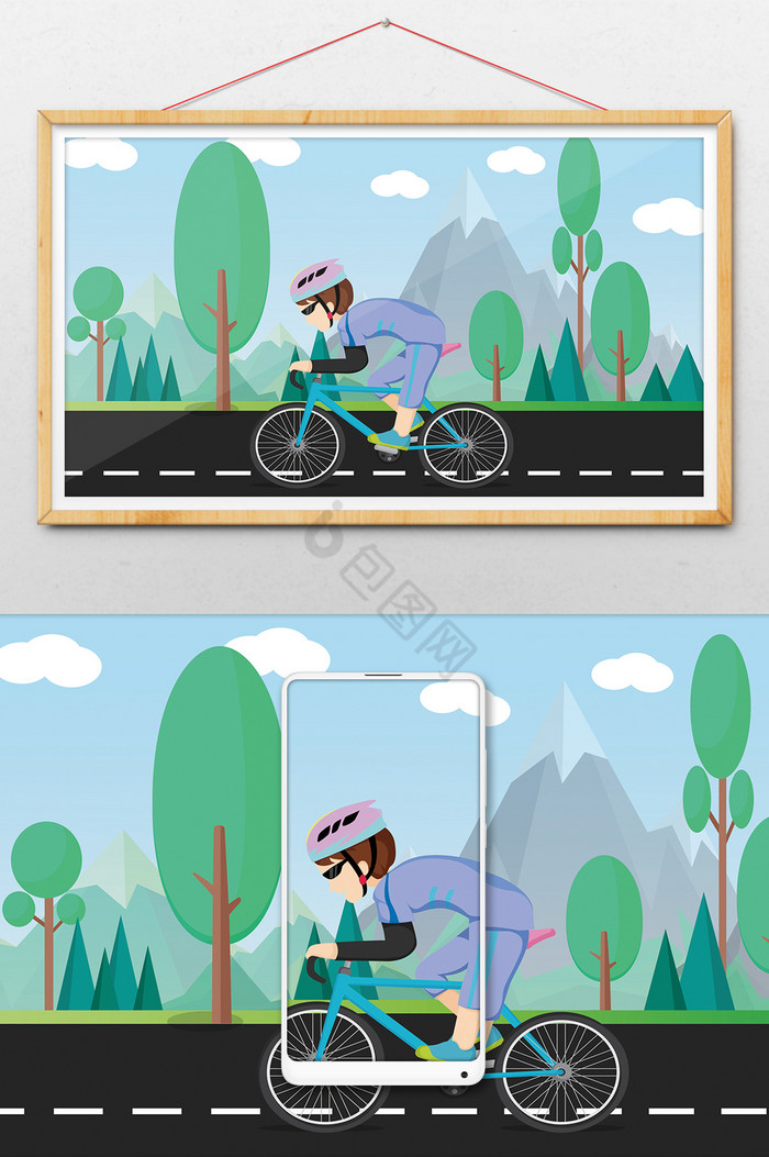 运动男孩夏天公路骑行插画图片