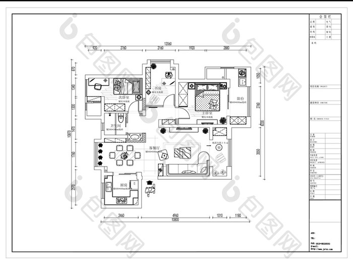 CAD三室高层户型平面布置图