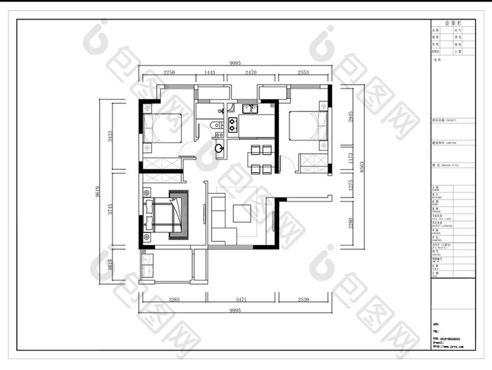 高层三室CAD平面方案布置