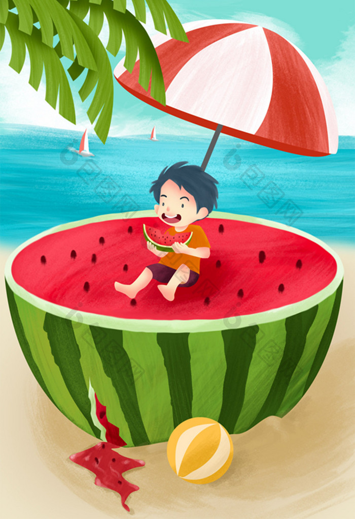 卡通夏天夏至立夏大暑小暑海滩西瓜插画