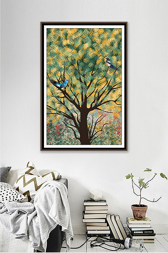 手绘抽象水彩树木客厅现代创意装饰画图片