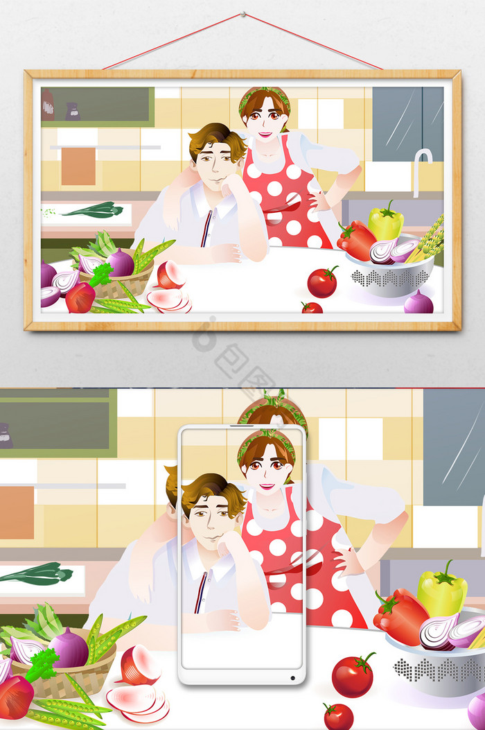 美女帅哥做饭厨房插画图片