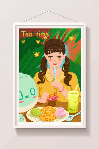 清新唯美可爱扁平夏日下午茶甜点美食插画图片