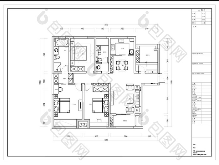 三房户型平面方案CAD定制