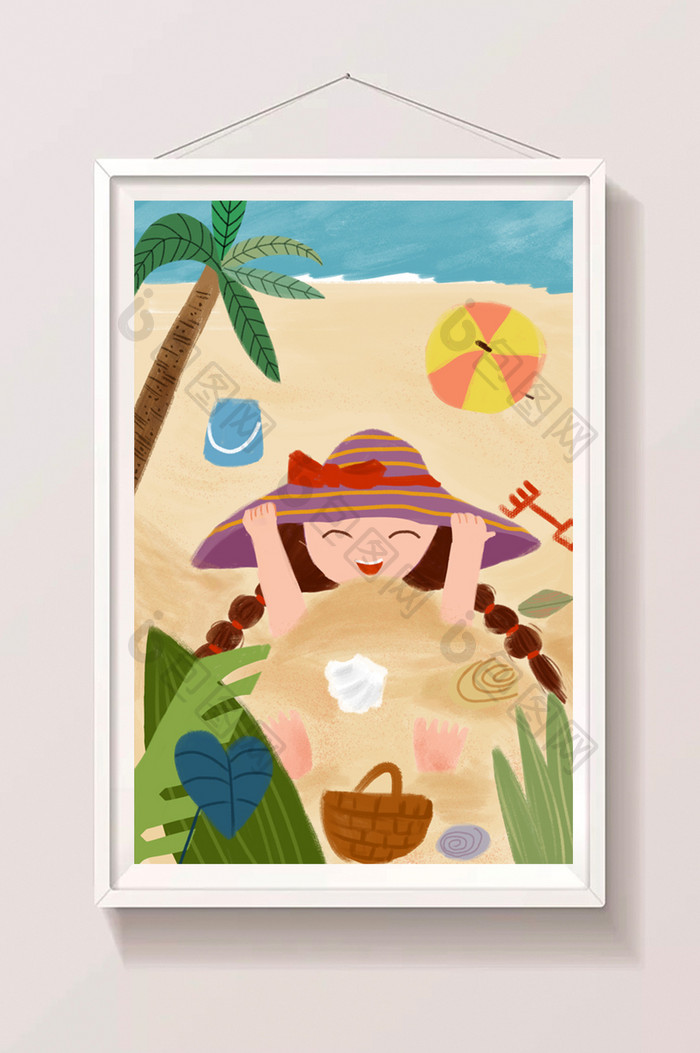 暑假海边沙滩日光浴儿童插画
