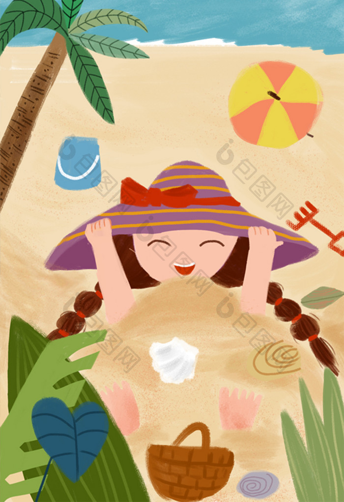 暑假海边沙滩日光浴儿童插画