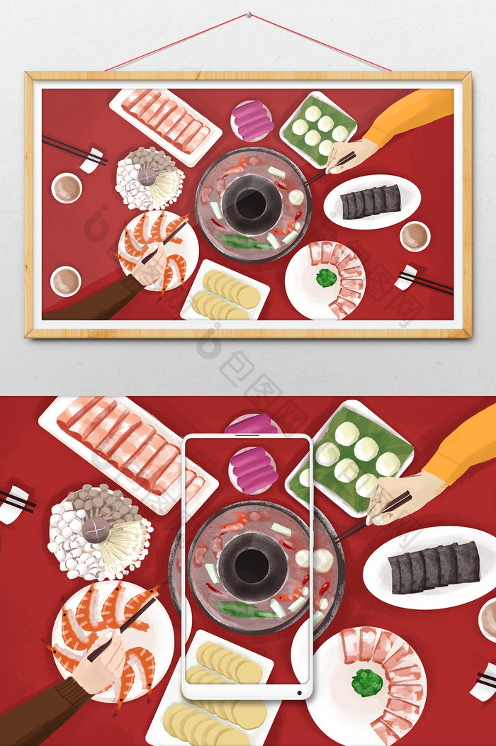 红色喜庆餐桌上的美食插画