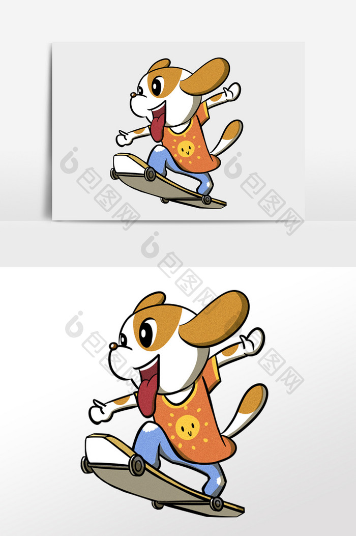 卡通小狗玩滑板插画元素