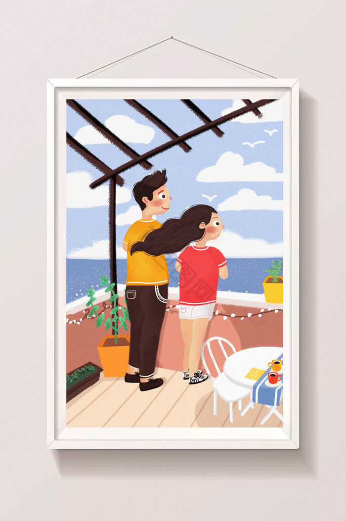 文艺情侣暑假旅行插画图片