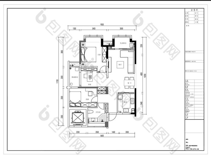 CAD小三房户型平面定制方案