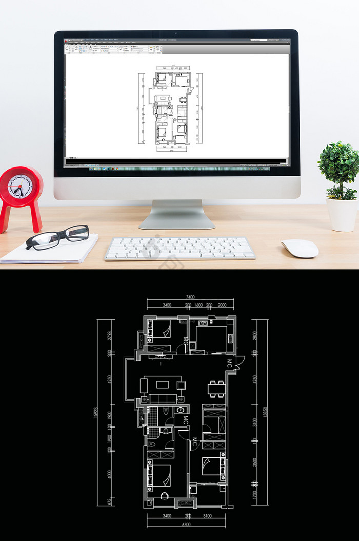 CAD三居室户型平面设计图片