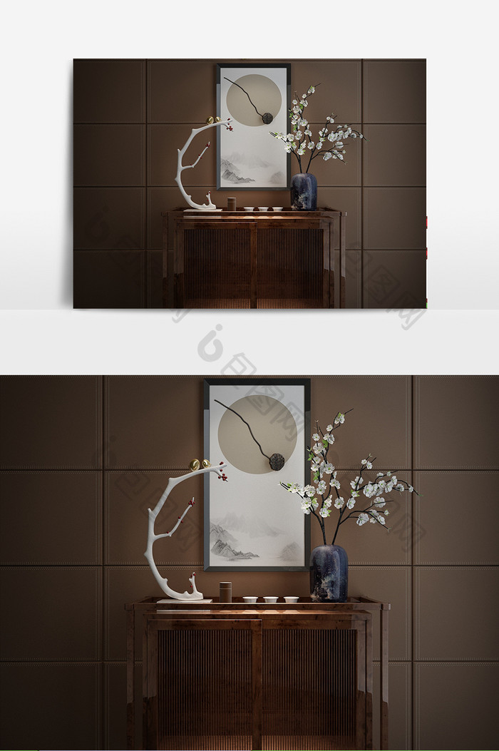 中式花瓶插花挂画端景台组合3D模型