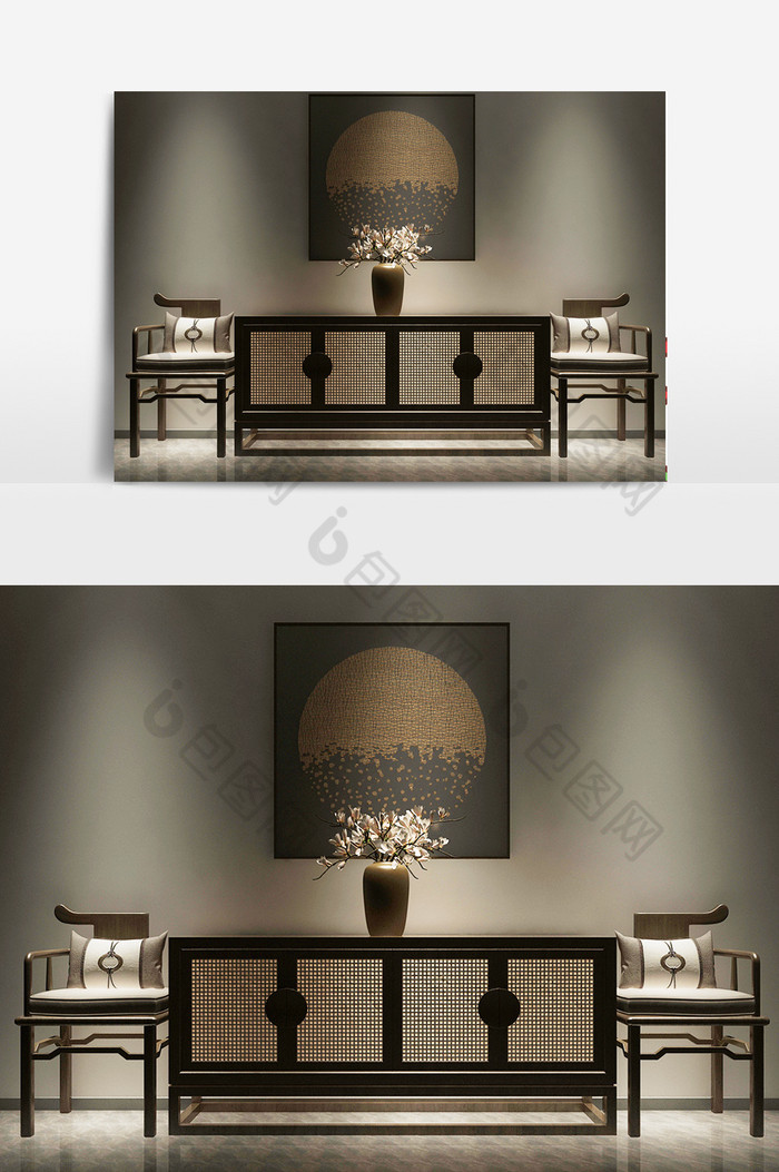 中式花瓶插花挂画座椅组合3D模型图片图片