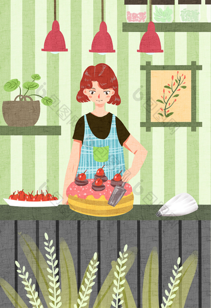 清新可爱女性做蛋糕美食插画