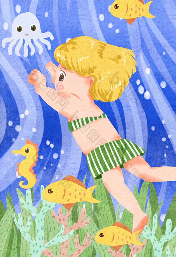 清新可爱蓝色孩子放暑假游泳玩耍插画