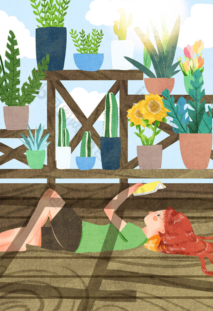 唯美节气小暑女性阳台盆栽绿植丛中看书插画
