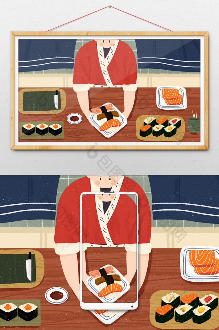 食物日本料理寿司厨师手绘卡通插画三文鱼