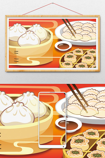 红白中式扁平化面食插画图片