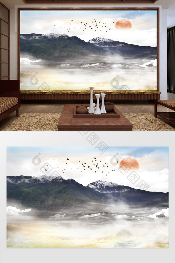 新中式山水意境日出风景电视背景墙