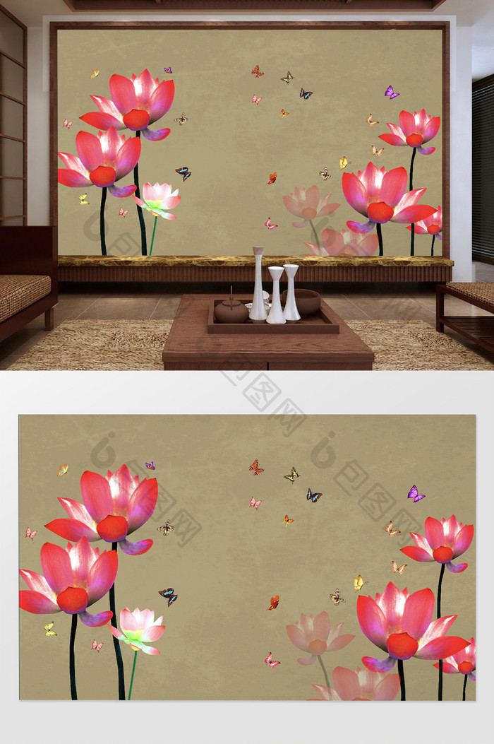 中式唯美花朵蝴蝶电视背景墙
