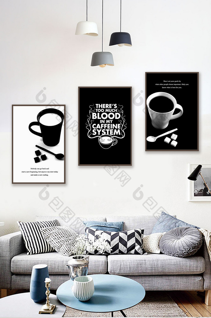 现代简约黑白静物拍摄咖啡三联装饰画