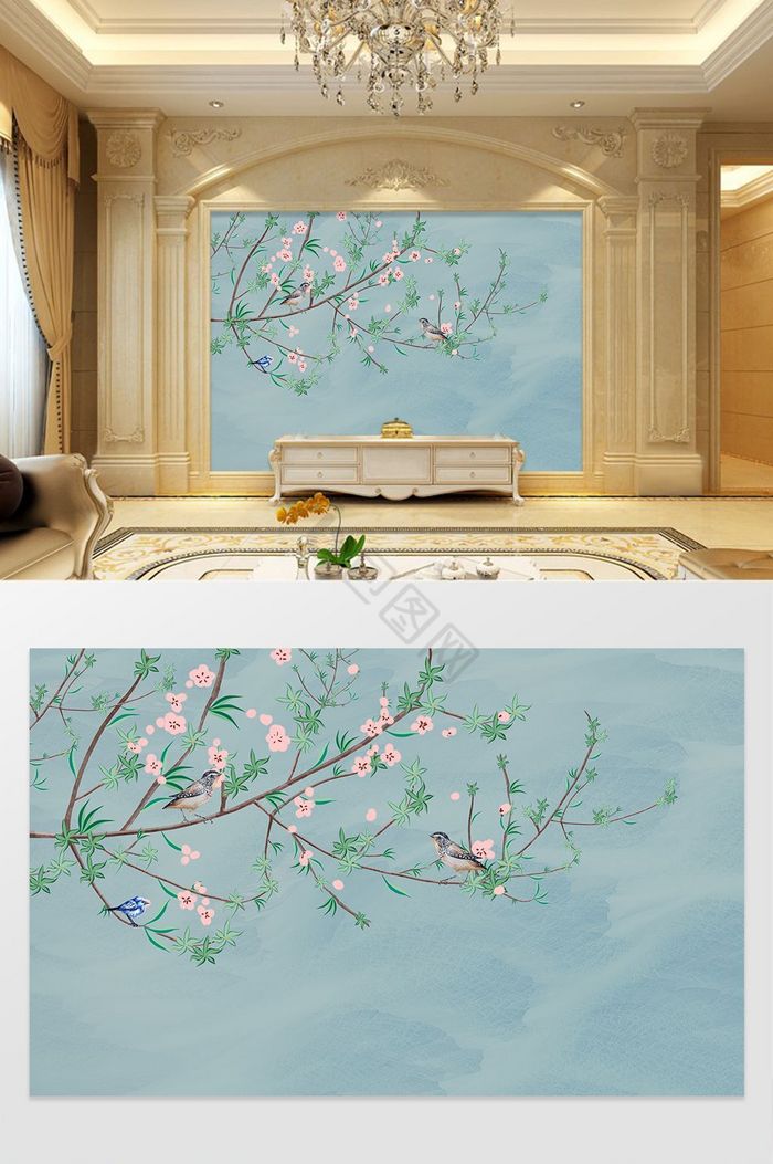 新中式唯美素雅花鸟电视背景墙壁画图片