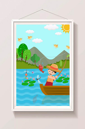 清新户外河流钓鱼男孩暑假生活插画图片