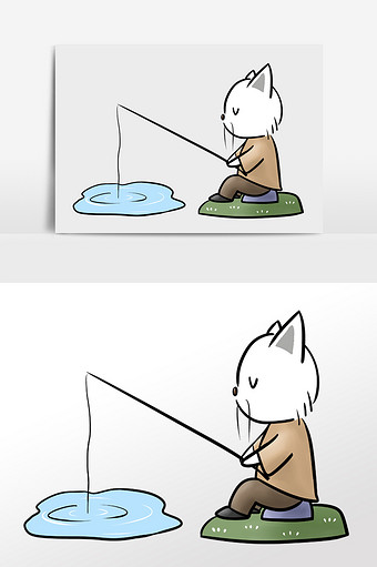 卡通老猫钓鱼插画元素图片