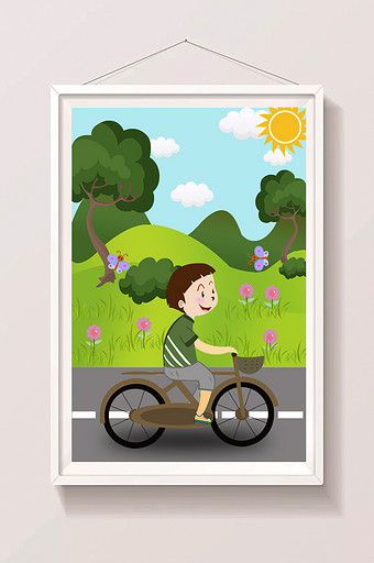清新户外骑行男孩街道路边暑假生活插画图片