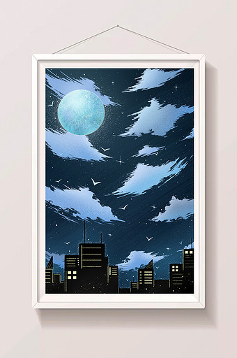 深蓝色月亮楼房云彩背景图片