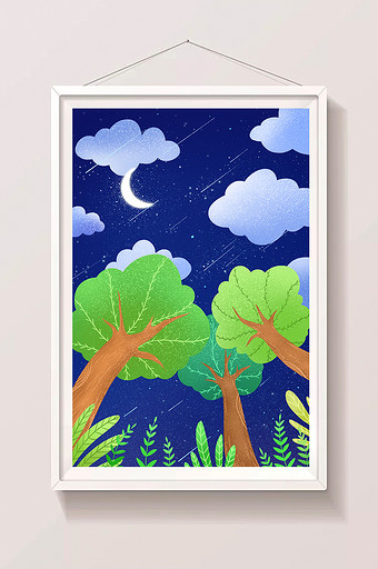夜空月亮大树草地植物背景图片