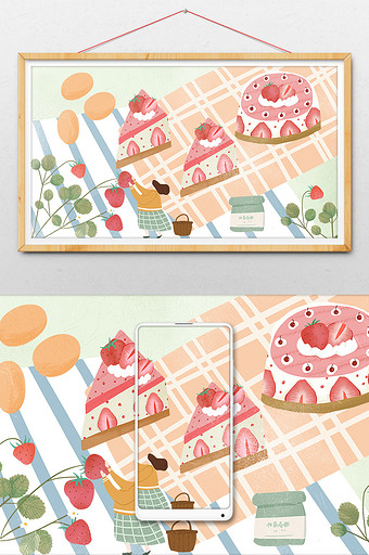 粉色草莓蛋糕鸡蛋面粉人物烘焙甜品食物插画图片