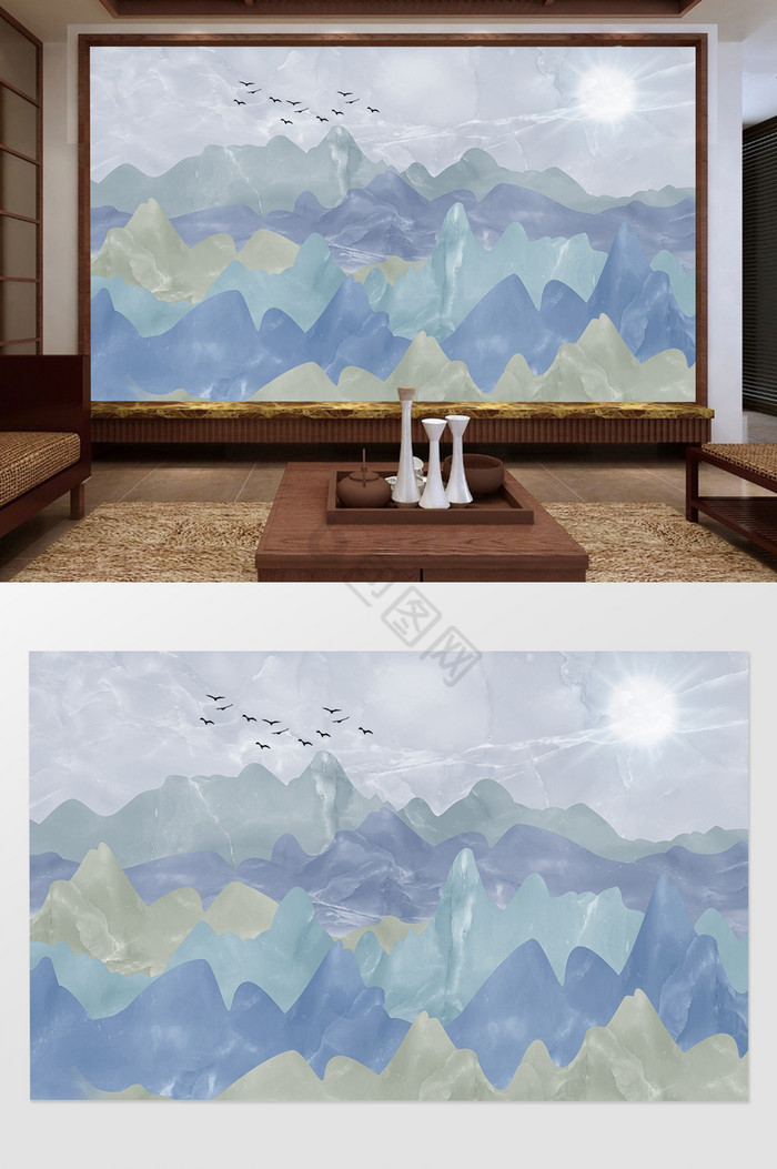 新中式背景墙抽象艺术背景墙群山环绕图片