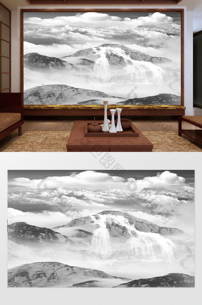 新中式山水素色背景墙