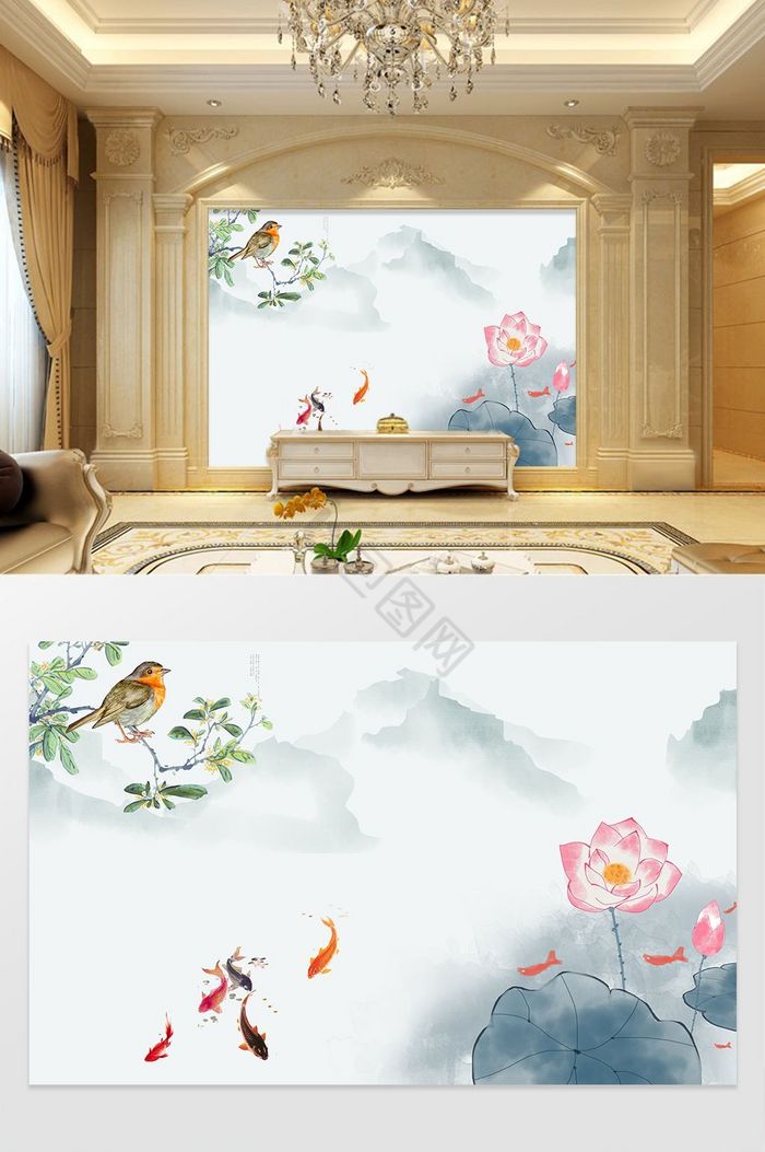 新中式水墨淡雅山水连荷背景墙图片