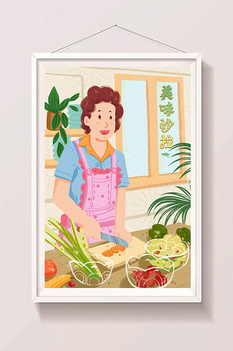 扁平清新淡雅夏日食物水果蔬菜沙拉制作插画图片