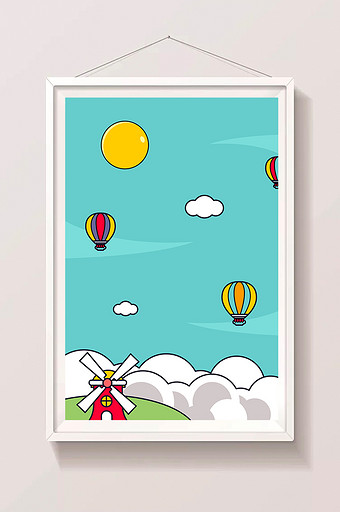 扁平化卡通夏季白色风车热气球游玩插画背景图片