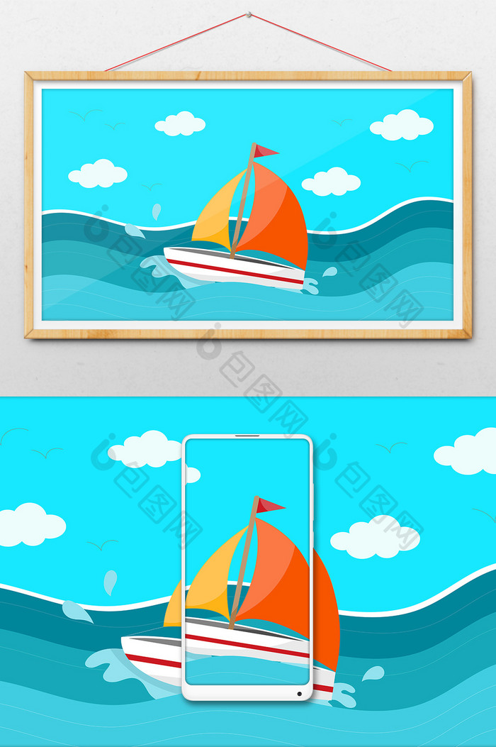 可爱卡通大海上的帆船背景插画