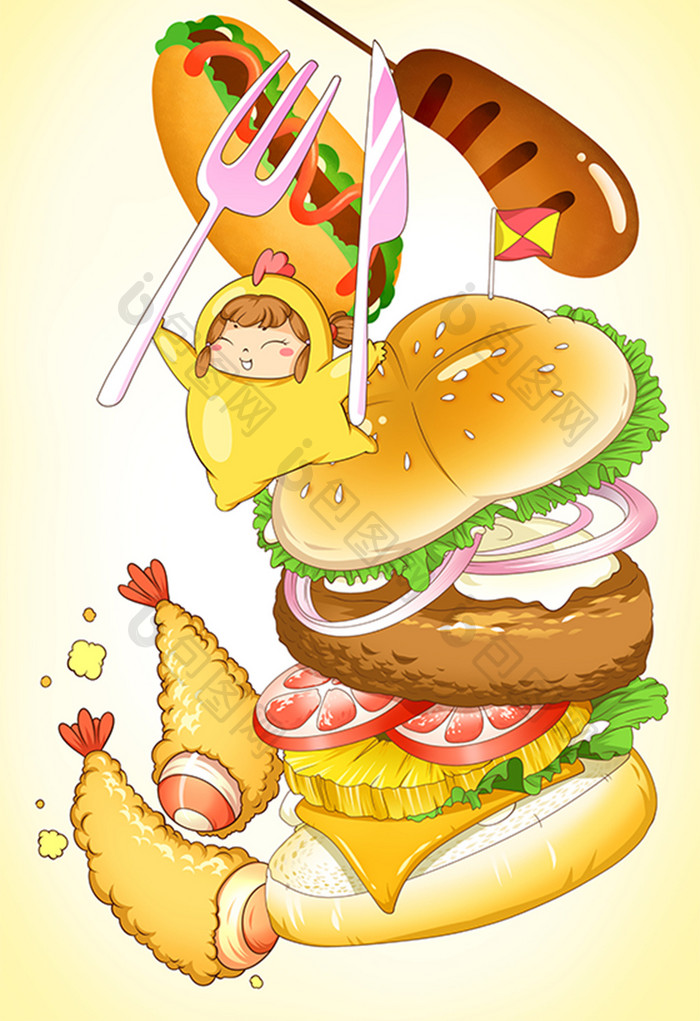 黄色卡通汉堡快餐插画