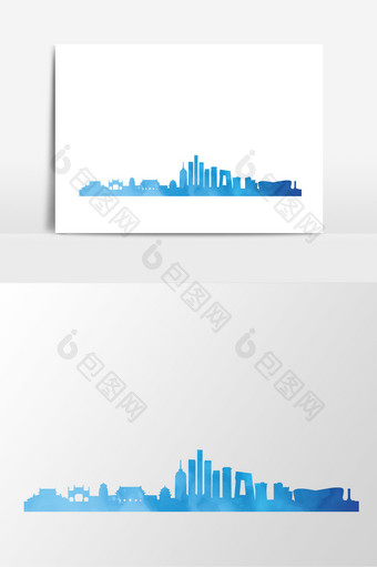 矢量手绘蓝色渐变城市剪影元素图片