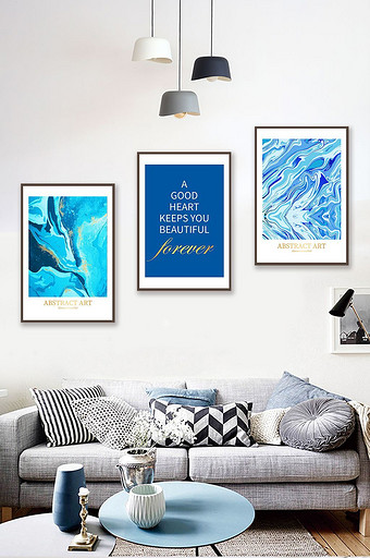 蓝色油画抽象装饰画北欧抽象艺术三联画图片
