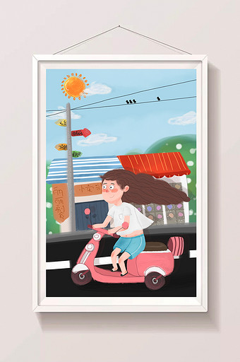 清新手绘卡通小女孩骑电动车旅游插画图片